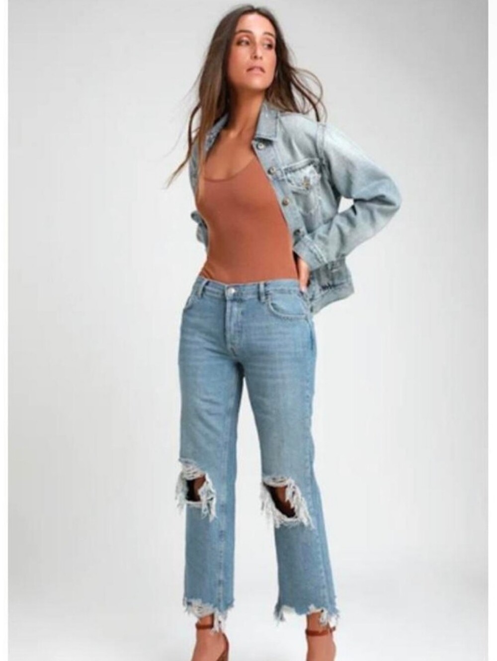 Free People We The Free Maggie Jeans Med Wash Distressed Straight Leg Jeans 26
